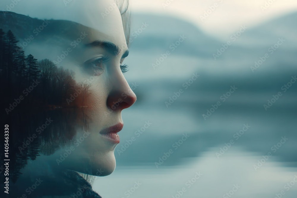 A captivating double exposure portrait of a serene woman with a misty landscape overlay, creating a dreamy and introspective atmosphere, showcasing depth and tranquility. A captivating double exposure portrait of a serene woman with a misty landscape overlay, creating a dreamy and introspective atmosphere, showcasing depth and tranquility.