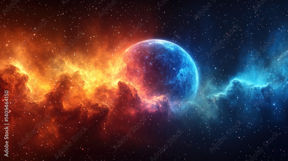 Obraz premium Cosmic Nebula and Celestial Body: A Fiery Encounter in Space