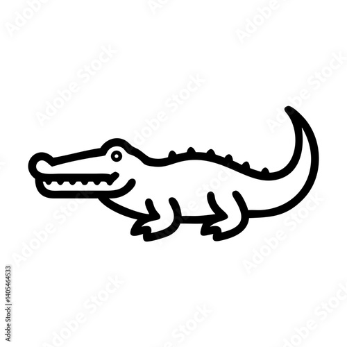 Illustration of a cartoon alligator with a long snout and curved tail, in black outline style
