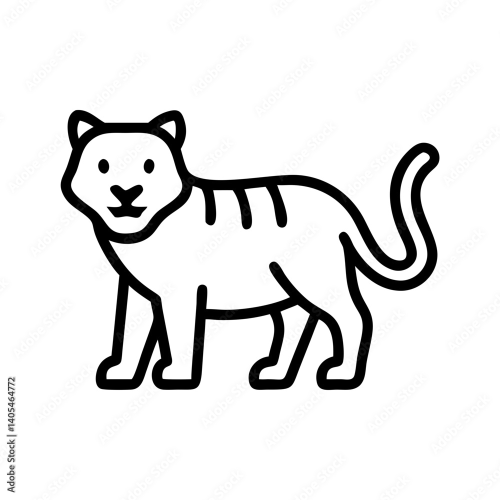 Fototapeta premium Illustration of a tiger with black outlines standing viewed from the side with a curly tail, isolated 100