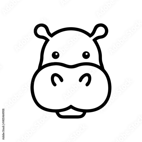 A simple line drawing of a hippopotamus head with small ears and a large snout in black and white