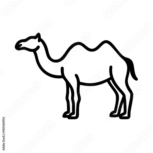 Illustration of a dromedary camel with two humps in black outline on a white background standing profile