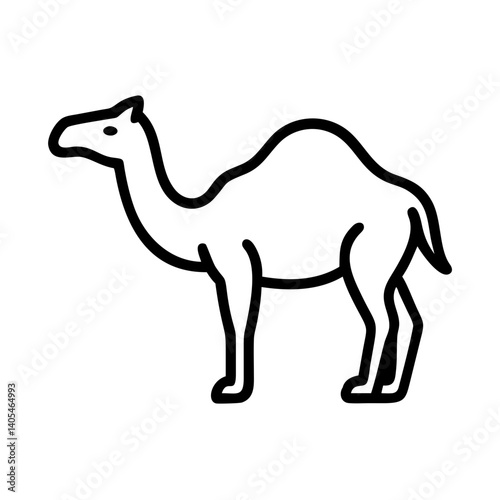A simple line drawing of a camel standing in profile with one hump and a short tail shown clearly