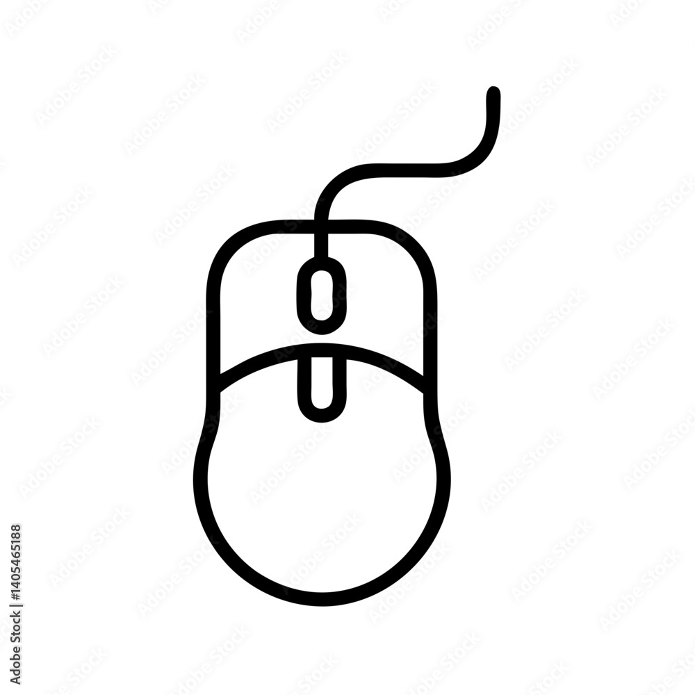 Outline illustration of a computer mouse with a visible cable on a white background design is simple Outline illustration of a computer mouse with a visible cable on a white background design is simple