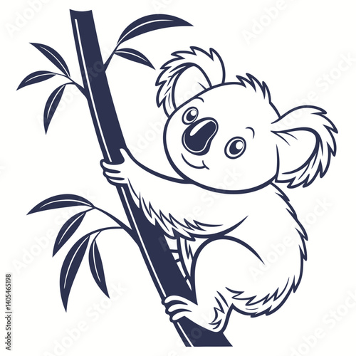 Koala bear clinging to a bamboo stalk with leaves in a black and white outline drawing style illustration