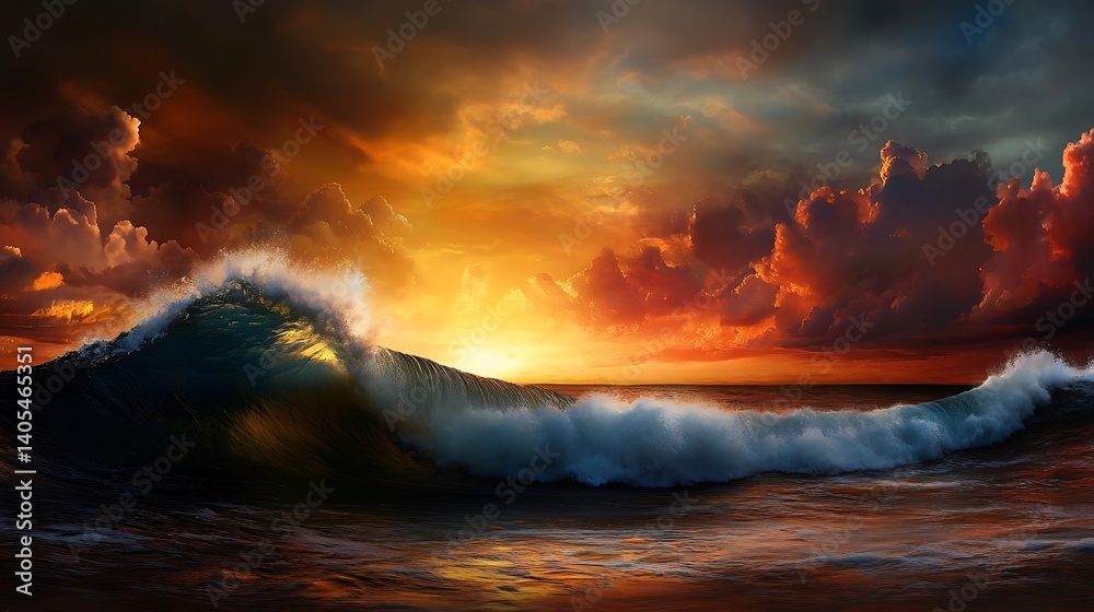 Fototapeta premium Dramatic Ocean Sunset Wave Crashing at Golden Hour.