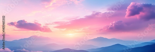 A serene soft pastel sky with fluffy clouds in warm pink and lavender hues, blending into golden light. Dreamy, ethereal vibe with distant mountains, perfect for tranquil and romantic themes