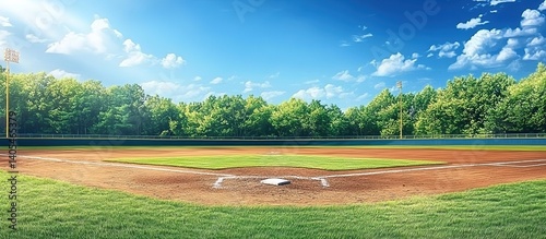 Baseball field under clear sky: Emerald grass outfield meeting reddish-brown clay infield with white bases, surrounded by pine trees and distant mountains under midday sun.