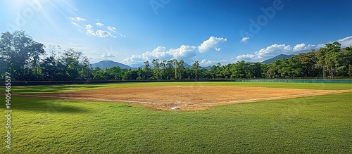 Baseball field under clear sky: Emerald grass outfield meeting reddish-brown clay infield with white bases, surrounded by pine trees and distant mountains under midday sun.