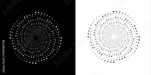 Modern abstract background. Halftone dots in circle form. Sun concept. Vector dotted frame. Design element or icon. Black shape on a white background and the same white shape on the black side.