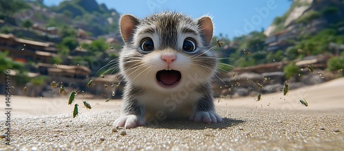 Surprised Kitten on Beach with Bugs Animated Character Close Up