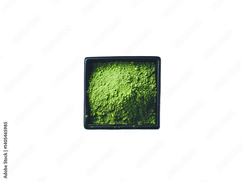 Fototapeta premium A black square container filled with finely ground green powder, smooth and evenly distributed, highlighting its texture and potential applications, PNG file isolate on transparent background, 