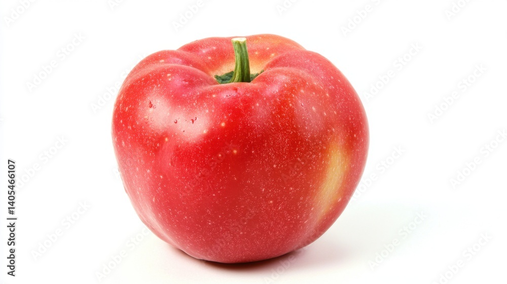 A vibrant red apple with subtle speckles stands out against a clean white background, appearing fresh and inviting