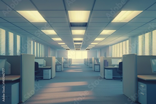 Open concept office space illuminated by uniform ceiling lights and window light