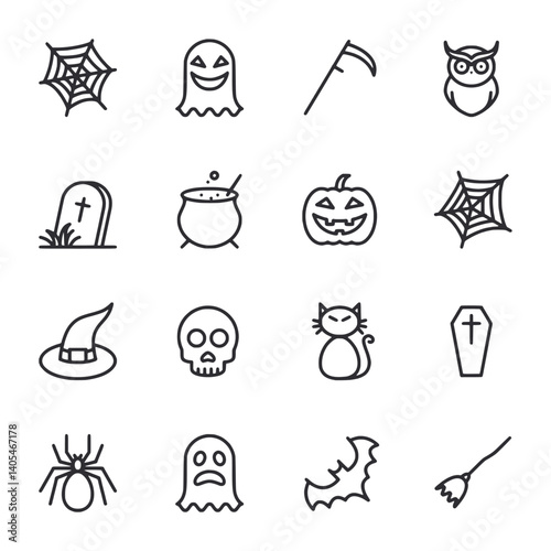 A set of Halloween icons including skulls, pumpkins, and bats