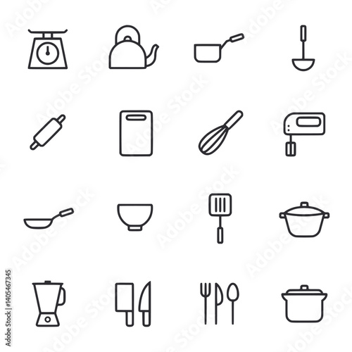 A set of kitchen utensils and appliances