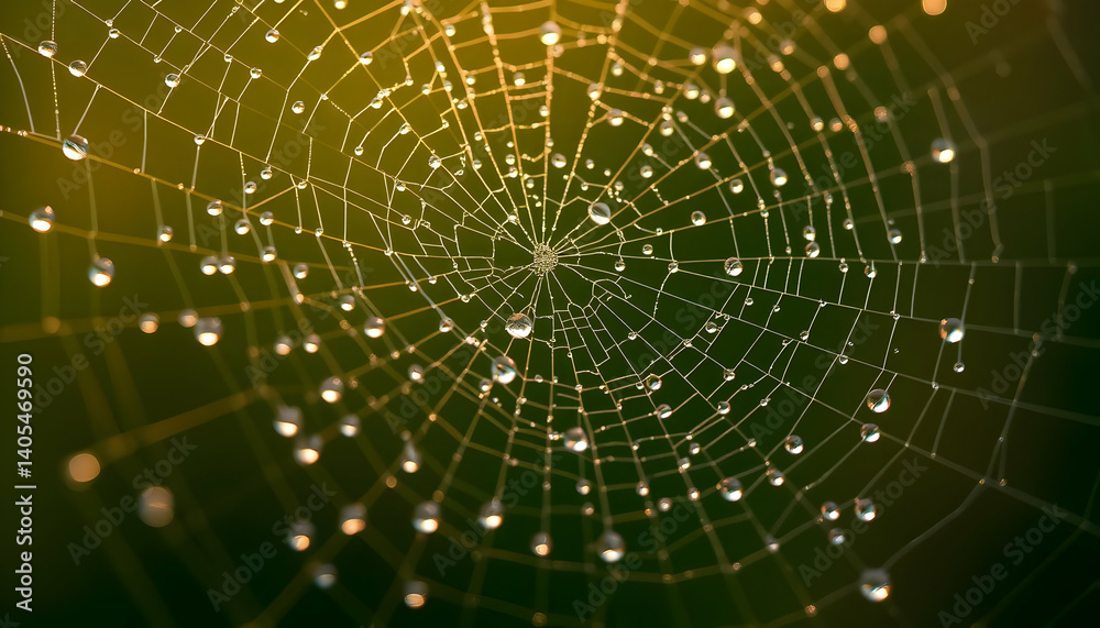 Naklejka premium Dew Drops On Spiderweb At Golden Hour