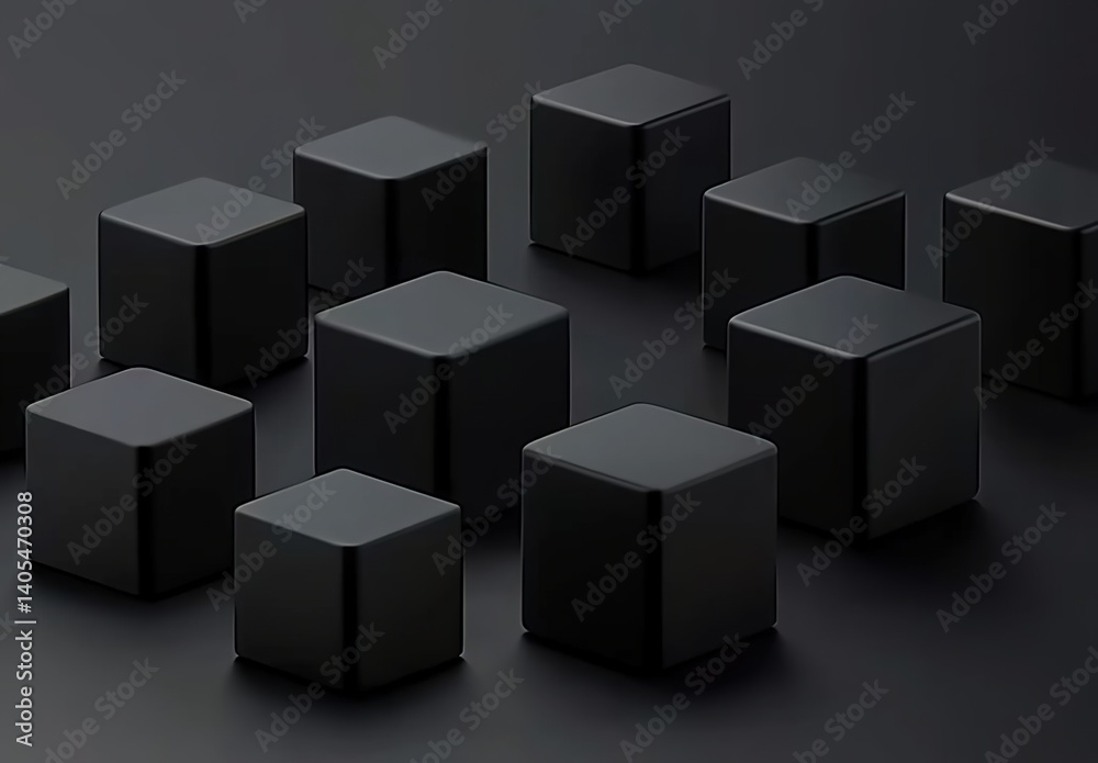 Black 3D cubes and rectangular prisms arranged asymmetrically on pure black background, soft lighting casting subtle shadows to enhance dimensional contrast. Black 3D cubes and rectangular prisms arranged asymmetrically on pure black background, soft lighting casting subtle shadows to enhance dimensional contrast.