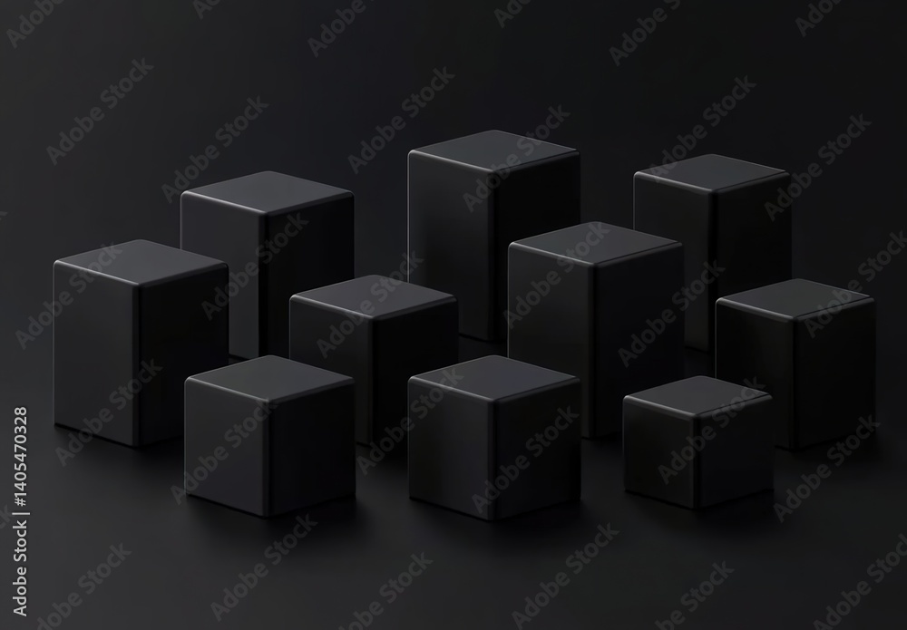 Black 3D cubes and rectangular prisms arranged asymmetrically on pure black background, soft lighting casting subtle shadows to enhance dimensional contrast. Black 3D cubes and rectangular prisms arranged asymmetrically on pure black background, soft lighting casting subtle shadows to enhance dimensional contrast.