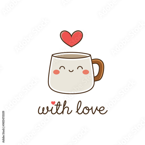 A coffee mug with a smiling face is accompanied by a floating heart above it, conveying a warm and loving sentiment. The words with love are written below