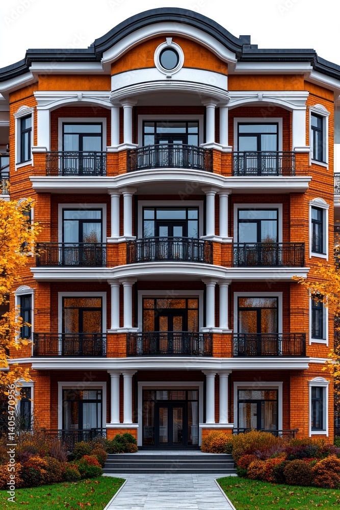 Fototapeta premium Ornate multi-story building facade with balconies and autumnal foliage. Features classical architectural details and a rich terracotta exterior