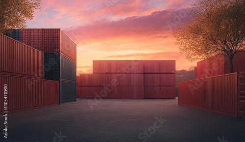 Cargo containers at sunset