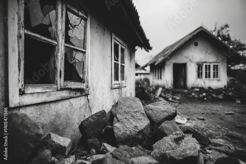 Monochrome image of an abandoned house with broken window panes and stone piles, with a dilapidated structure hinting at forgotten memories in a hauntingly desolate landscape.