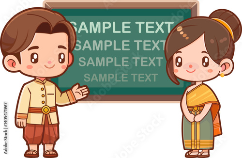 A cartoon of a boy in Thai costume presenting information on a blackboard with a girl in Thai costume standing beside him.