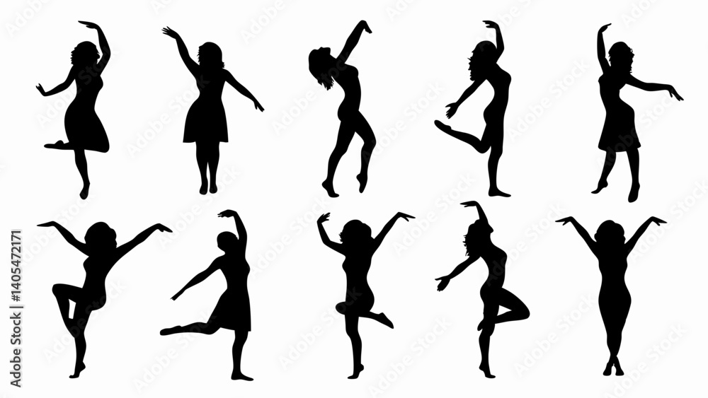 set of women dancing silhouette vector on white background set of women dancing silhouette vector on white background