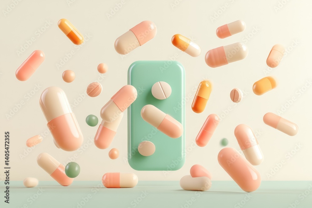 Colorful Capsules Flying out From a Digital Device in a Bright, Playful Setting Colorful Capsules Flying out From a Digital Device in a Bright, Playful Setting