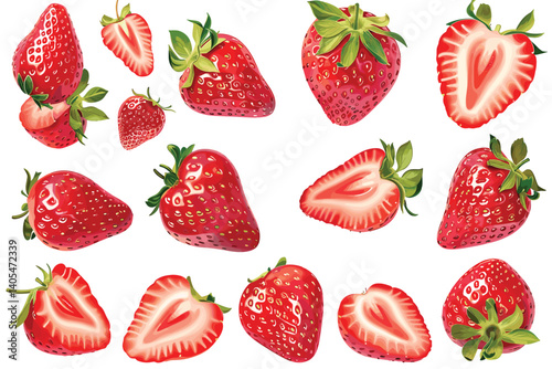 Strawberry isolated on white background. Red ripe whole strawberry set with sliced half and leaves, macro objects
