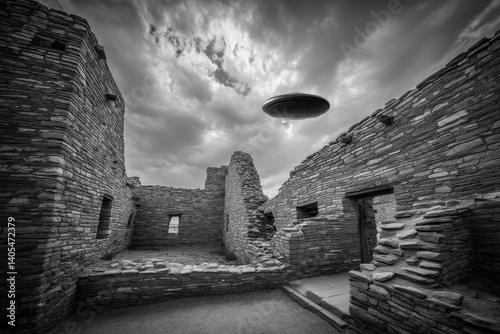 A mysterious black and white image of an unidentified flying object hovering over the ruins of an ancient stone structure under a dramatic, cloudy sky, creating an enigmatic scene.