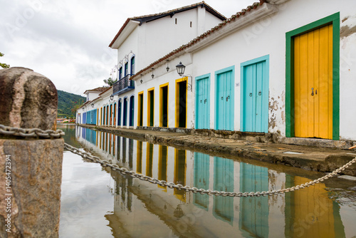 Stones street with reflection in the historical center of Paraty. World Heritage of Humanity, Rio de Janeiro, Brazil, Portuguese colonial and Brazilian imperial city where the sea invades at full tide