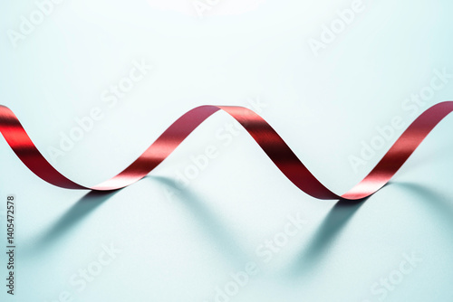 Spread satin ribbon on blue background. Glossy shine and delicate texture. Concept for packaging gifts and wedding decor.