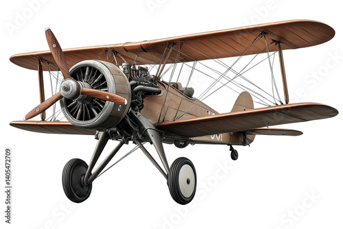 Detailed drawing of a vintage biplane, angled perspective, showcasing intricate engine and wooden construction. Striking retro aviation design