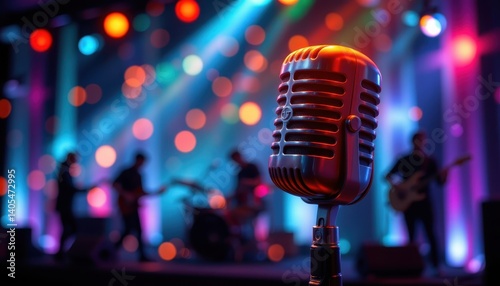 Jazz Night An artistic rendering of a microphone with an elegant, jazzy background featuring silhouettes of musicians and colorful lights.