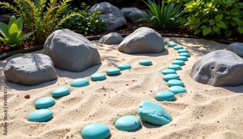 Zen Garden Illustrate a serene zen garden with polished turquoise pebbles arranged meticulously among sand and minimalist rocks. Zen Garden Illustrate a serene zen garden with polished turquoise pebbles arranged meticulously among sand and minimalist rocks.