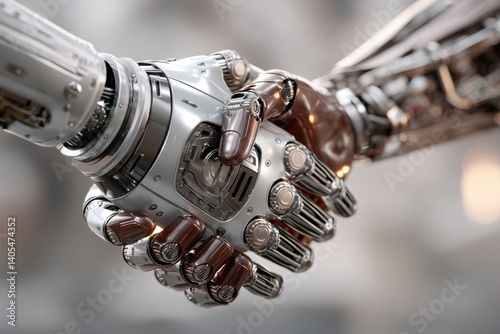 A close-up shot capturing two robotic hands clasped in a handshake, symbolizing collaboration and partnership in the age of advanced technology, futuristic and innovative.