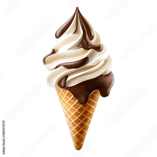  realistic soft serve ice cream cone with creamy vanilla and chocolate isolated on transparent background,in PNG format.