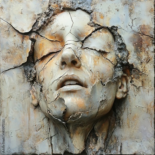 Emotional art displaying cracked face art gallery sculpture indoor close-up human condition