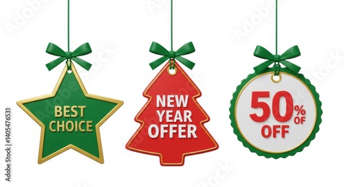 Festive New Year Offer and Discount Tags Hanging with Bows