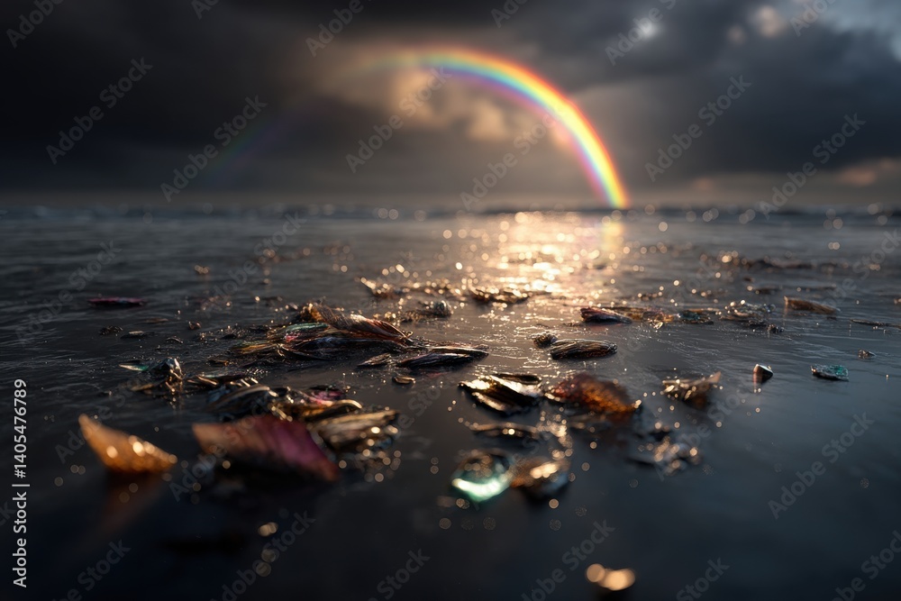 Fototapeta premium Rainbow arches over a dark, tranquil sea with colorful shells scattering the shallows, capturing the mysterious beauty of coastal nature under an ominous sky.