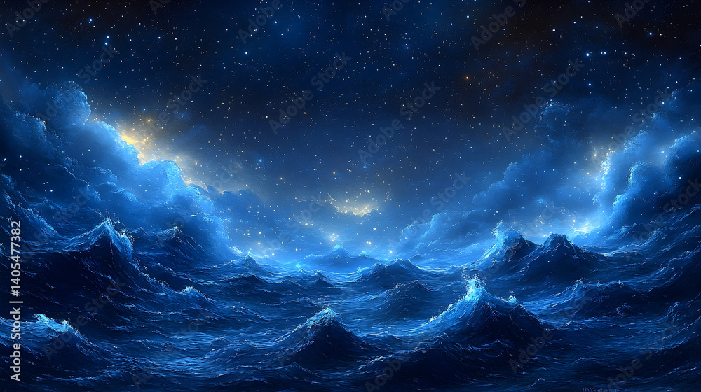 Fototapeta premium Tranquil night ocean scene with rolling waves under a starry sky, evoking serenity and wonder