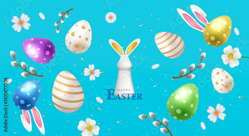 Easter blue banner with eggs, catkins, bunny ears and flower. Holiday 3D composition card design. Happy Easter vector.