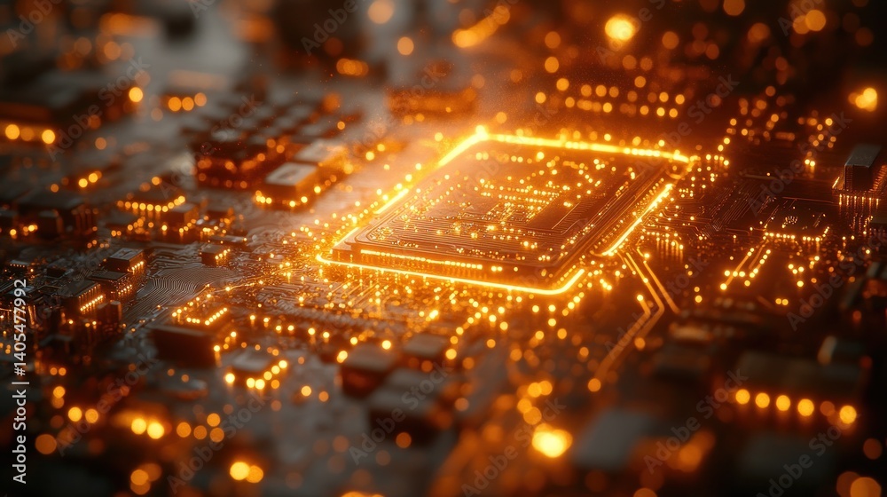 Naklejka premium Illuminated Circuit Board: A Glowing Microcosm of Technology