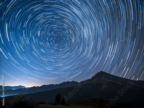 Star trails rotating around polaris over mountain range at night