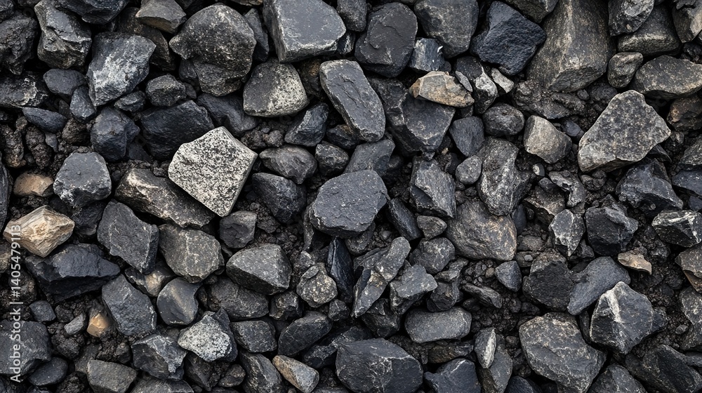 Macro shot of volcanic rock fragments with jagged edges and porous textures, coal-black stones scattered across dark volcanic soil under harsh directional light. 