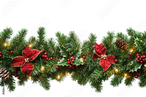 A festive garland with pine sprigs, red poinsettias, berries, pine cones, and warm lights on a transparent background