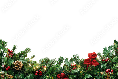 Festive border pine branches, holly leaves, red berries, pinecone, and lights. Black background