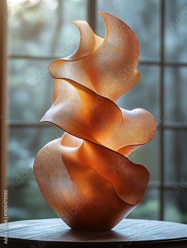 Abstract swirling amber sculpture on wood.